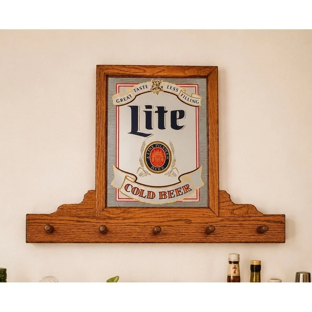 Vintage Miller Lite Beer Bar Mirror/Sign W/ Peg Shelf Attached 35